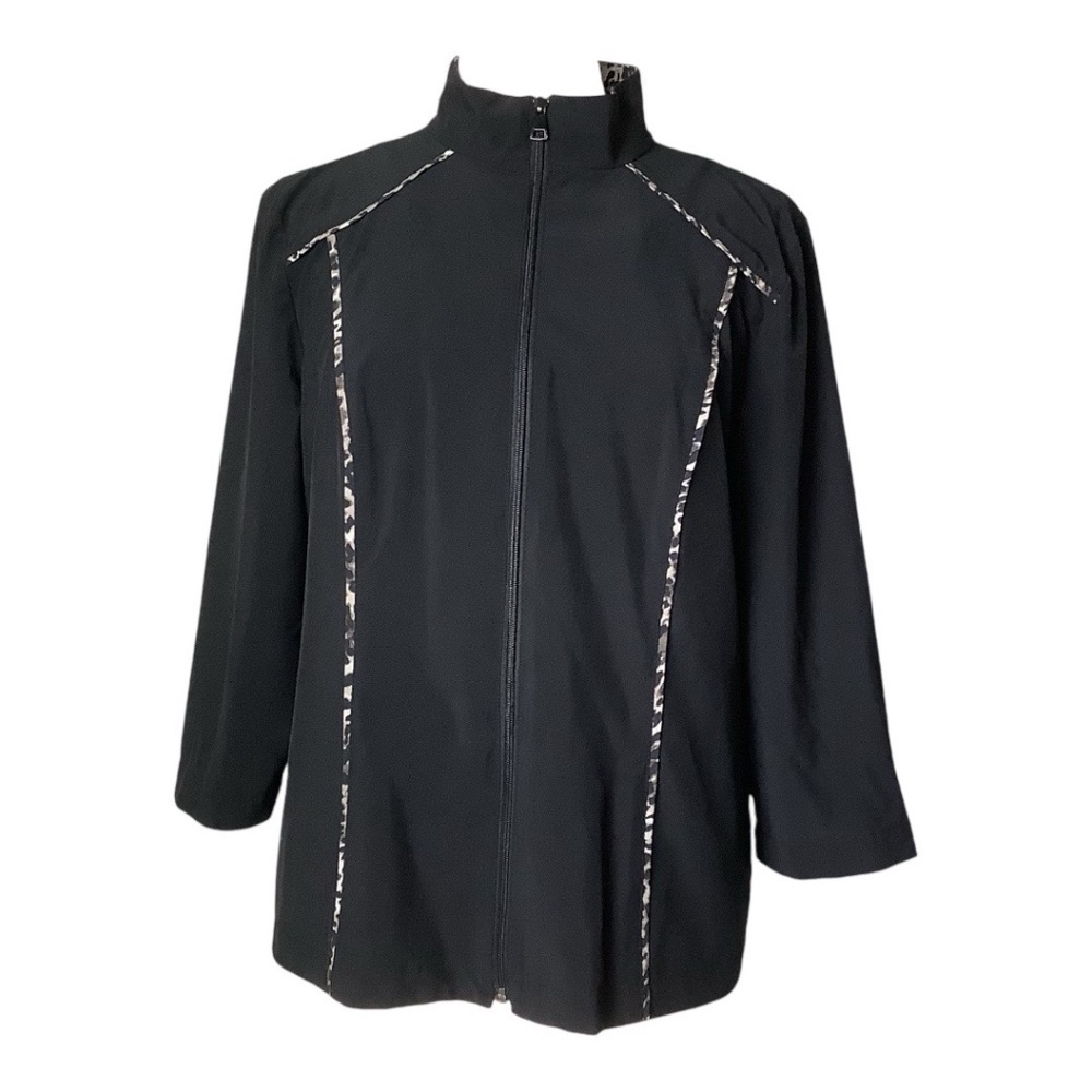 Weekends by Chico's Black Leopard Print‎ Lined Zip Up Jacket Womens Size 2